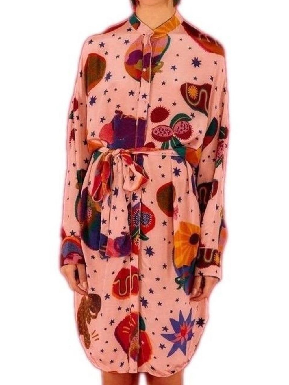 NWT Farm Rio Dream Dream Collage Light Pink Chemise Shirt Dress with Tie. XL